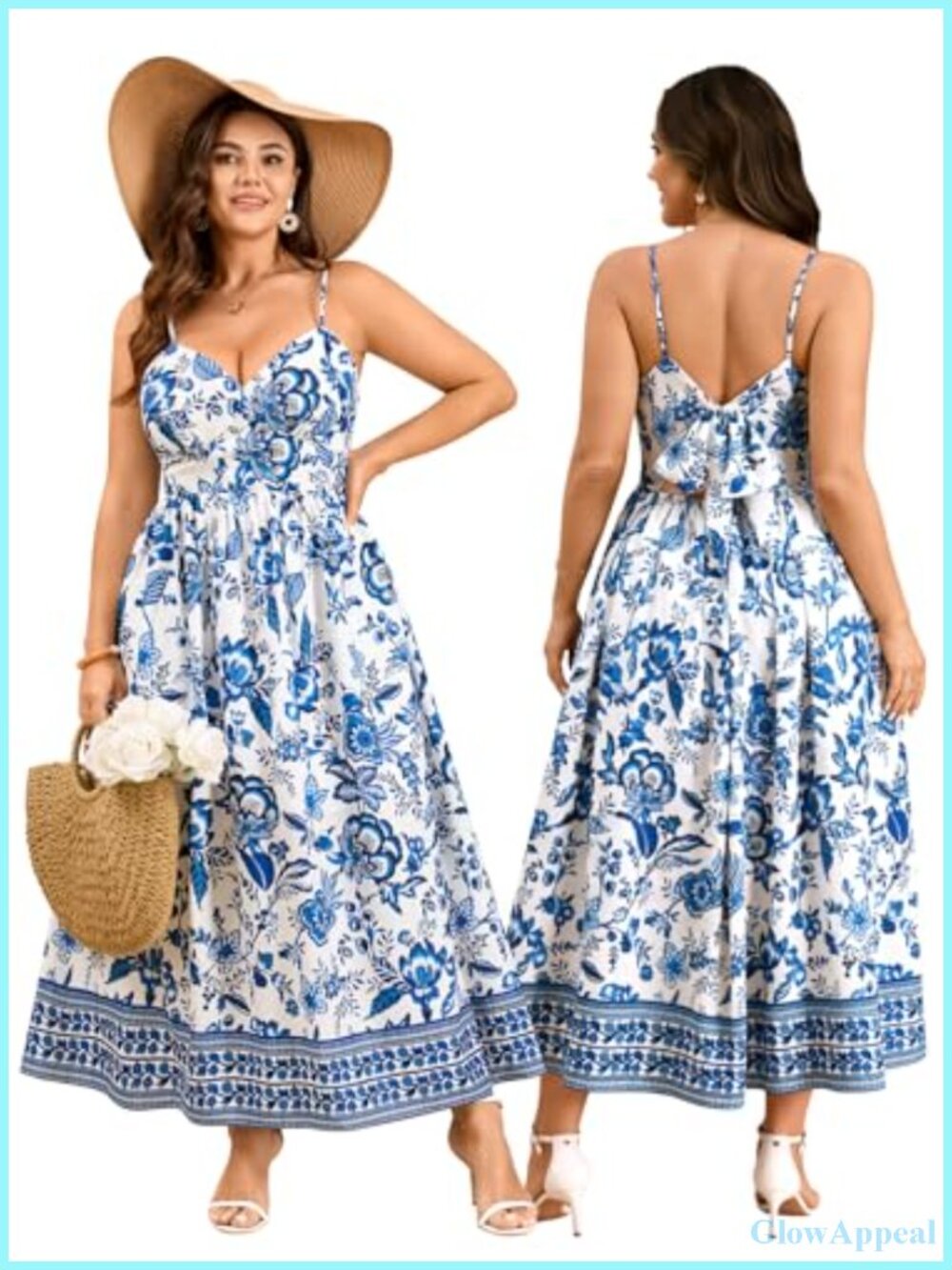 Plus Size V Neck Spaghetti Strap Backless Flowy Maxi Sun Dress